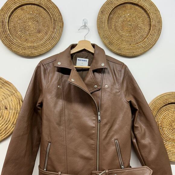Old Navy Neutral Brown Belted Buckle Collared Faux Leather Moto Jacket Medium - Picture 3 of 6